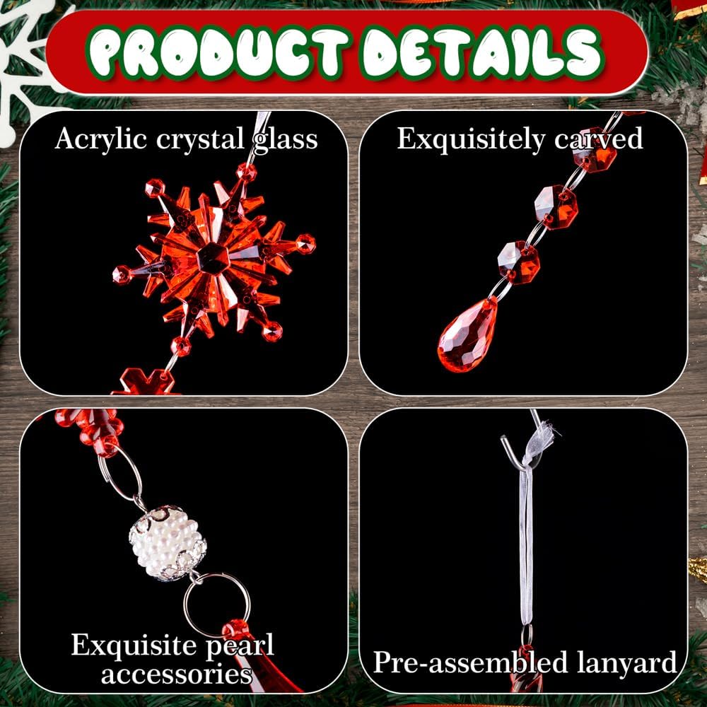 Lanpn 26pcs Christmas Ornaments Crystal Christmas Tree Decoration, Hanging Clear Acrylic Snowflake Icicle Drop Pendants for Xmas Winter Outdoor Indoor Party Decoration Red