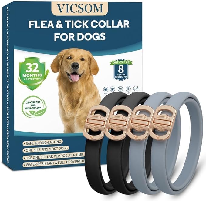 Flea and Tick Collar for Dogs 4 Pack, 32 Months Prevention, Waterproof, Adjustable for Small Medium Large Dogs Puppies (Black and Grey)-PawvioPets