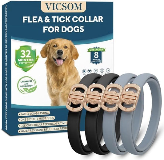 Flea and Tick Collar for Dogs 4 Pack, 32 Months Prevention, Waterproof, Adjustable for Small Medium Large Dogs Puppies (Black and Grey)-PawvioPets