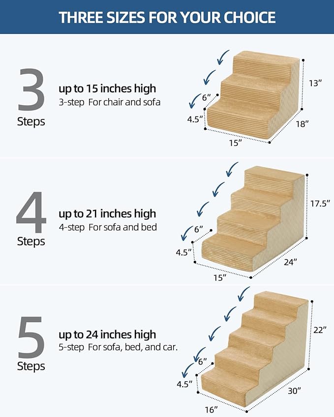 Dog Stairs for Small Dogs,13" H,3-Step Dog Steps for Bed and Couch with High Density Foam,Non-Slip Pet Steps for Doggy and Cat,Pet Stairs with a Washable Cover,Khaki-PawvioPets