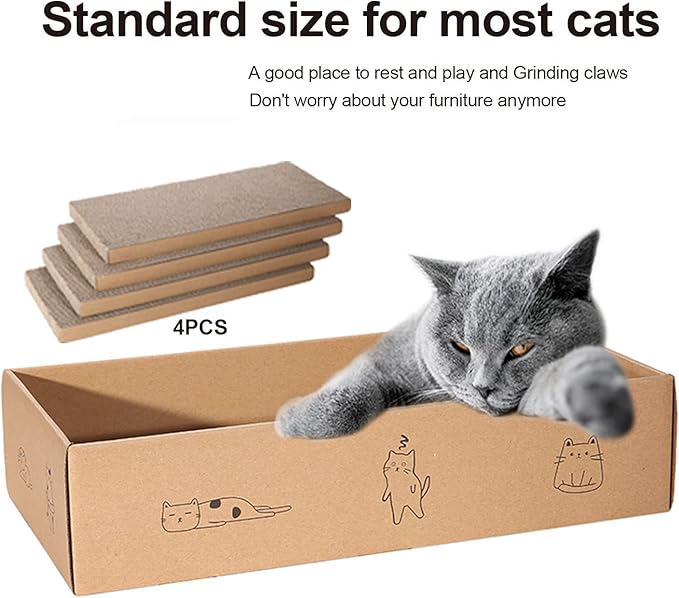 4 Packs in 1 Cat Scratch Pad with Box, Cat Scratcher Cardboard,Reversible,Durable Recyclable Cardboard, Suitable for Cats to Rest, Grind Claws and Play with Scratch Box-PawvioPets
