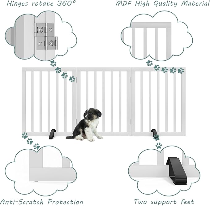 Dog Gates for The House Freestanding Foldable Pet Gates for Doorways 3 Panels 24'' Tall with 2PCS Support Feet Wooden White Dog Gate for Stairs-PawvioPets