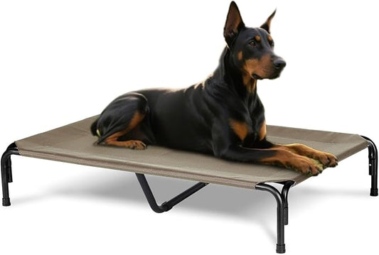 Elevated Dog Bed for Outdoor, XXXL Raised Dogs Cot with Washable Mesh, Cooling Pet Beds Chew Proof Dog Hammock, Metal Frame Lifted Platform for Training Outside Camping, 59 inch Brown-PawvioPets