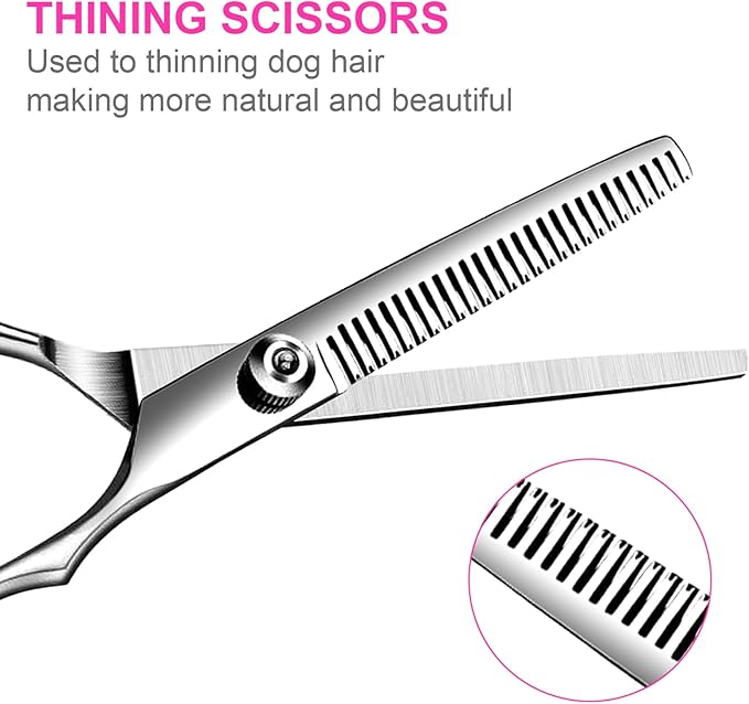 6 in1 Professional Dog Grooming Scissors Kit, Dog Shears for Grooming with Safety Round Tips, Titanium Coated Grooming Scissors for Dogs Cat Pet At Home-PawvioPets