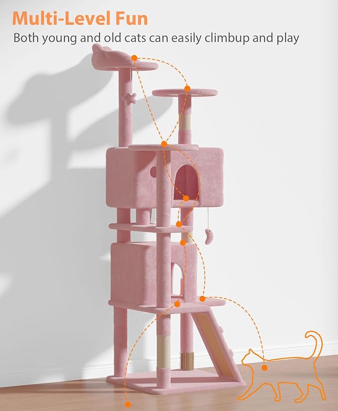 70'' Cat Tree Tower for Indoor Cats Large Adult,Cute/Tall Modern Cat Tree for Big Cats 20 lbs,Plush Multi-Level Cat Condo with Scratching Posts,Dangling Ball for Fun Play(Soft Pink, 70 inch)-PawvioPets