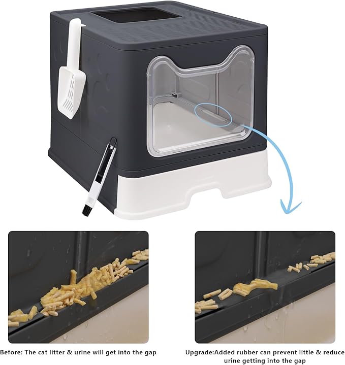 Foldable Cat Litter Box with Lid, Enclosed Potty, Large Top Entry Anti-Splashing Toilet, Easy to Clean Including Litter Scoop and 2-in-1 Cleaning Brush (Black)-PawvioPets