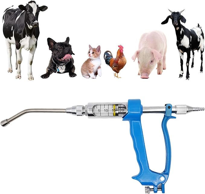 20ML Veterinary Metal Feeding Gun, Continuous Drench Gun Dosing Device Veterinary Adjustable Medicine Dispenser Husbandry Autonomous Feeding Tool, for Pig Cow, Sheep, Horse (Blue, 20ML No Bottle)-PawvioPets