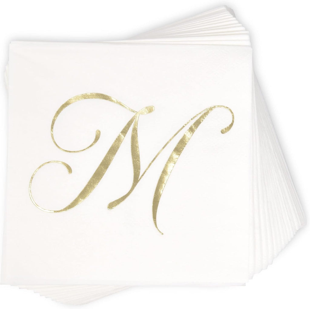 Gift Boutique 100 Gold Monogram Cocktail Napkins Letter M Disposable Paper Pack Elegant Metallic Golden Foil Hand Napkin for Powder Room Wedding Holiday Birthday Party Baby Shower Decorative Towels