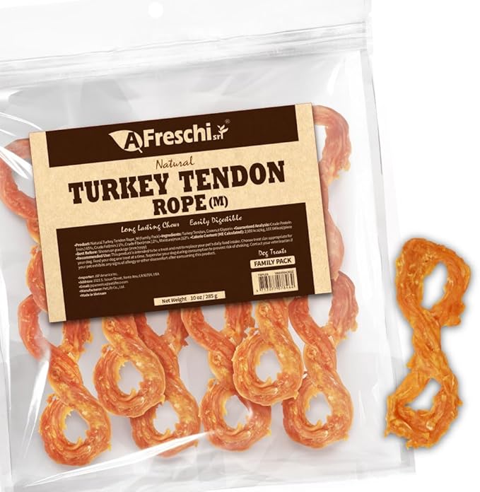 Afreschi Natural Turkey Tendon Rope (M) 10 oz Rope, USA-Sourced Turkey Tendon, All Natural Puppy Chew, Hypoallergenic, Rawhide Alternative, for Medium Breeds-PawvioPets