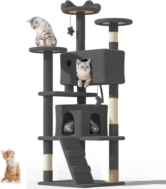 60" Cat Tree Tower for Indoor Cats Large Adult,Cute/Tall Modern Cat Tree for Big Cats 20 lbs, Plush Multi-Level Cat Condo with Scratching Posts,Dangling Ball (Smoky Gray, 60 inch)-PawvioPets
