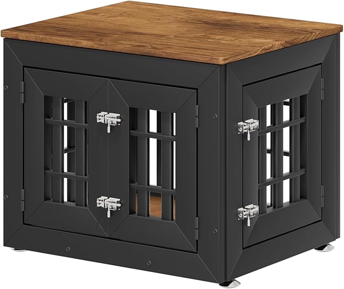 26" Heavy Duty Dog Crate Furniture for Small,Medium and Large Dogs,Rustic Wooden Dog Cage Kennel Indoor Furniture with Waterproof Top,Decorative Pet House Side End Table (Black & Wood)-PawvioPets