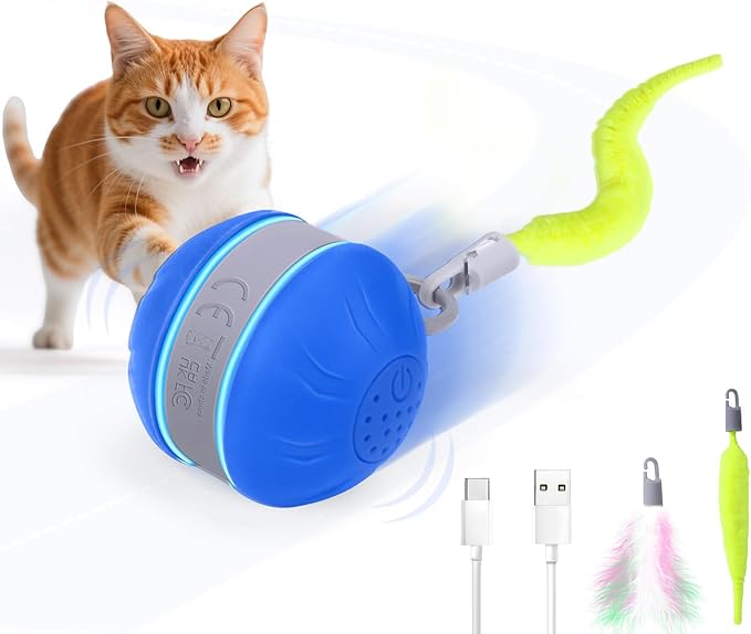 AIERSA Interactive Cat Toys for Indoor Adult Cats, Automatic Self-Play Cat Ball Toy for Kitten to Keep Them Busy, Electric Moving Chase Toy (Blue)-PawvioPets