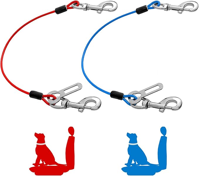 Dog Seat Belt Harness for Car,2pcs Dog Seatbelt of Coated Wire Leash Safety Restraint,No Chew Tether Cable Vehicle Dog Accessories,Double Clips & Latch (2 Pack Red+Blue, 24 inch/60 CM)-PawvioPets