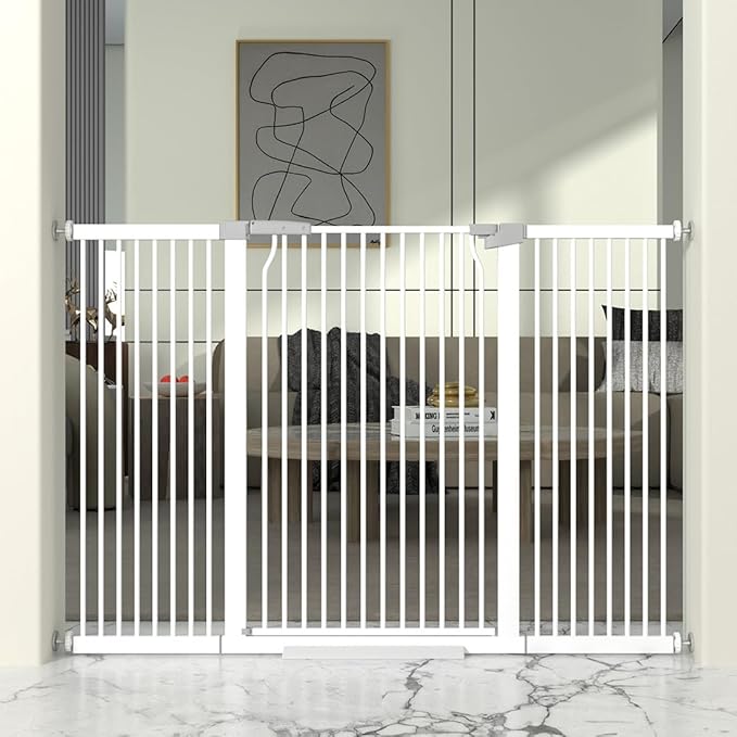 41" Extra Tall Cat Gate for Doorway, 54.5-60.2'' Metal Pet Baby Safe Gate, Extra Wide Pressure Mounted Child Door with Expansion Kit, No Drilling Baby Gate Indoor, No Climb Proof Gate, White-PawvioPets
