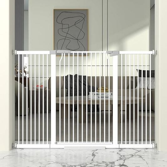 41" Extra Tall Cat Gate for Doorway, 54.5-60.2'' Metal Pet Baby Safe Gate, Extra Wide Pressure Mounted Child Door with Expansion Kit, No Drilling Baby Gate Indoor, No Climb Proof Gate, White-PawvioPets