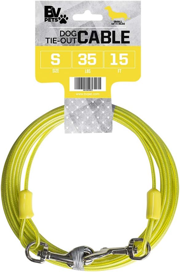 BV Dog Tie Out Cable 15 Feet - Heavy Duty Dog Lead Up to 35 Pounds - Reflective & Rust-Free with Quick Release Swivel Clips & 360° Rotating Clasp - Tangle-Free Dogs Runner for Yard (Yellow, Single)-PawvioPets