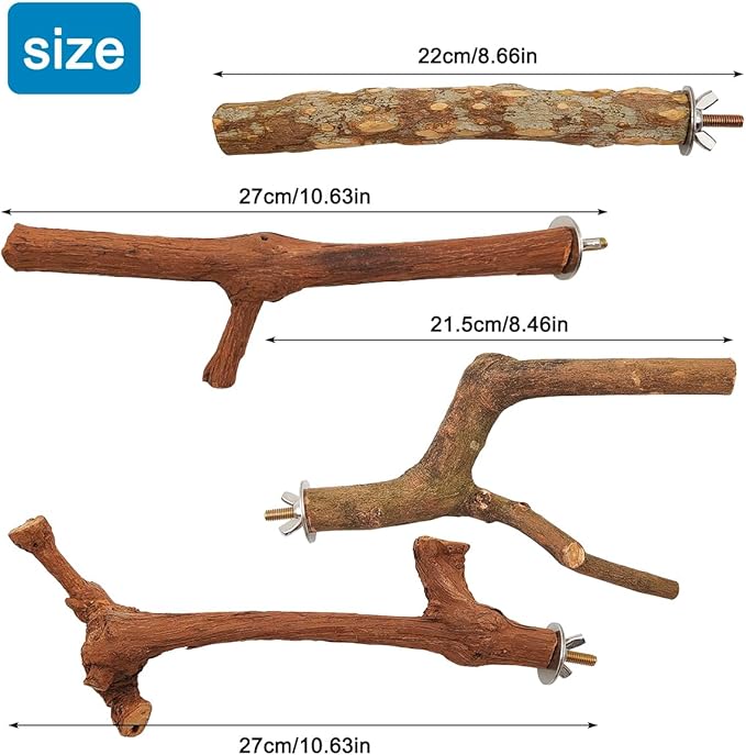 4 Pcs Natural Wooden Bird Perch Parrot Stand, 2 Grape Wood Perches, A Stand Fork Standing Branch, A Paw Grinding Fork, Bird Cage Accessories for Parakeets, Birdcage Sticks & Toys for Budgies, Finches-PawvioPets