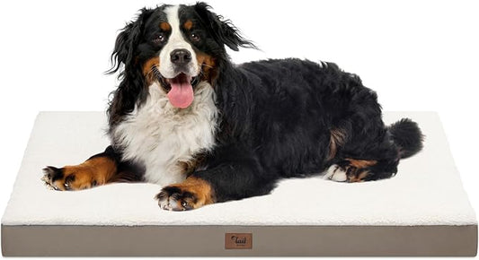 Dog Crate Bed Washable Dog Beds for Large Dogs, Big Waterproof Orthopedic Pet Bed with Egg Crate Foam Pet Mat, Removable Oxford Cooling Cover, Khaki White-PawvioPets