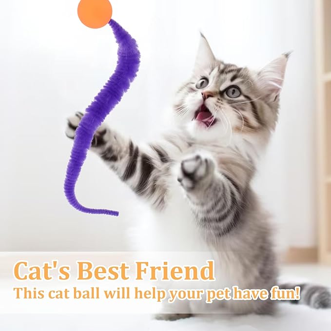 6 Pcs Bouncy Ball for Cats, Colorful Fuzzy Bouncy Cat Worm Toy Ball Fuzzy Worms (Balls Colors are Random)-PawvioPets