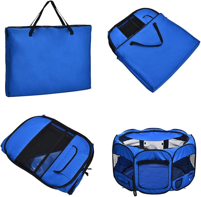 Amazon Basics Foldable Octagonal Indoor and Outdoor Portable Soft Dog Pen/Puppy Pen/Playpen, 114 cm / 45", Blue-PawvioPets