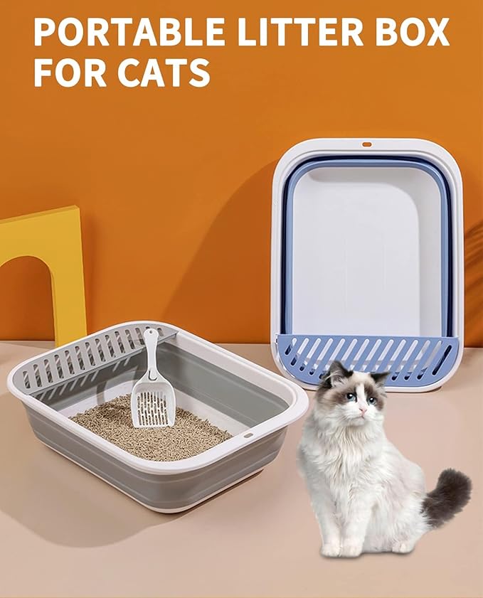 BNOSDM Collapsible Small Cat Litter Box for Kittens Open Potty Pan Foldable Cat Toilet with Scoop Senior Kitty Travel Shallow Litters Boxes Anti-Splash Waterproof Grey 17.7"×13.4"-PawvioPets