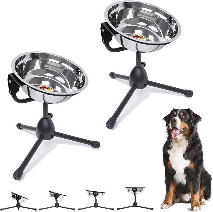 2 Pack Elevated Dog Bowls with Adjustable Metal Stand,Large Size for Dogs Between 60 and 100 lbs, 0.8 Gal 3 Liter,Stainless Steel Dog Food Water Bowl,Height Adjustable Non-Slip Raised Dog Bowl Set-PawvioPets