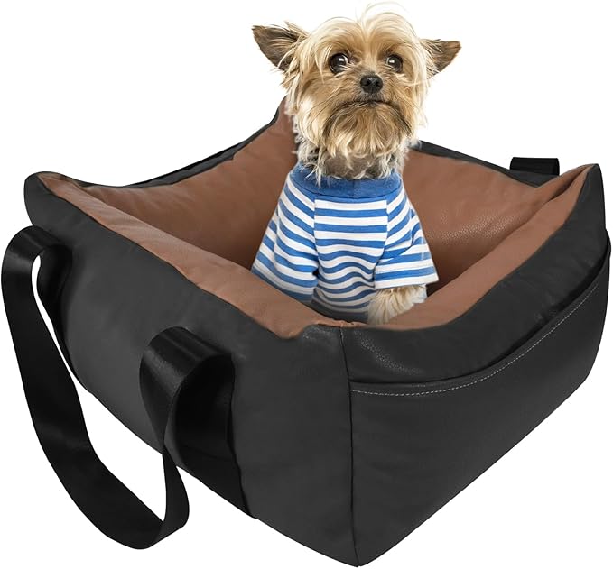 Dog Car Seat for Small Dogs, Large Leather Dog Car Bed with Storage Pocket, Waterproof PVC Leather Booster Seat Travel Bed for Front & Back Seat, Clip-On Safety Leash (Black/Brown)-PawvioPets