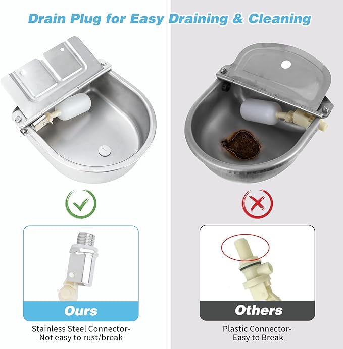 FHTONGE 304 Stainless Steel Automatic Dog Water Bowl Dispenser with Drainage and Float Valves, Large Auto Fill Dog Waterer for Outdoor Big Dogs Livestock Poultry Horse Cow Goat Pig Chicken Duck Rabbit-PawvioPets