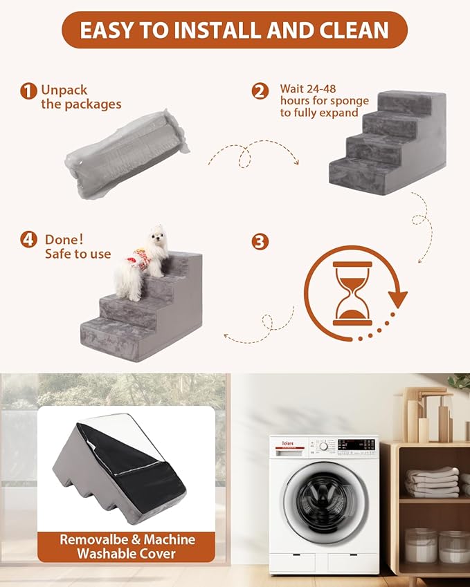 Dog Stairs for Small Dogs,17.5" 4-Step Pet Stairs for High Beds and Couches，Dog Steps with Non-Slip Bottom and High-Density Foam Indoor Outdoor,Grey-PawvioPets
