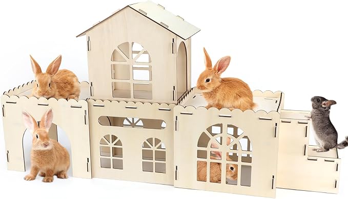 Extra Large Bunny Castle Hideout, Wooden Bunny House and Hideouts Detachable Rabbits Hideaway, Indoor Rabbit Castles Sturdy Small Animal Play Hideaway Hut for Rabbits, Guinea Pigs, Chinchillas-PawvioPets