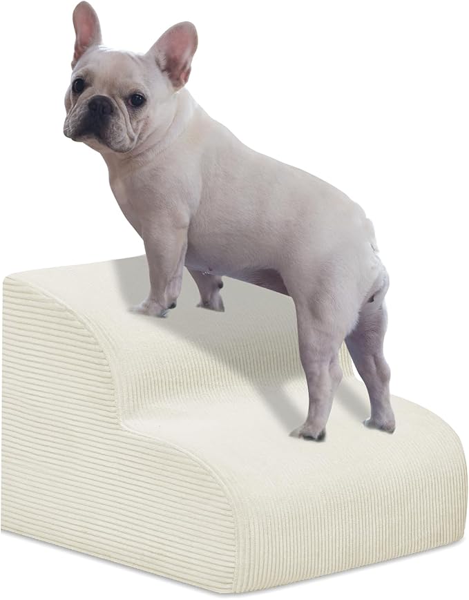 Dog Stairs & Steps for High Beds, 2 Steps High Density Foam Waterproof Dog Ramp for Small Dogs and Cats, Pet Stairs with Washable Cover for Bed, Couch, Sofa and Car, Beige (H: 11.8")-PawvioPets