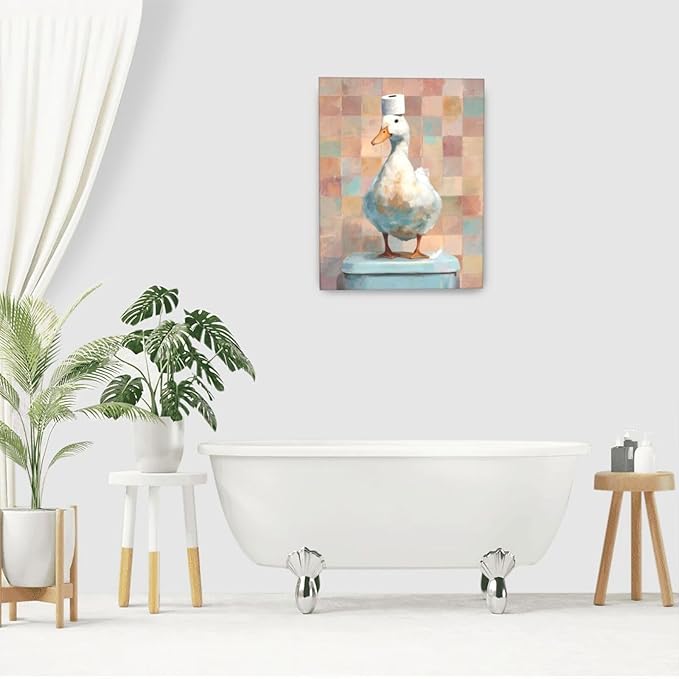 Funny Duck Bathroom Wall Art Cute Duck on Toilet Canvas Wall Decor Funny Quirky Farm Animal Pictures Painting Print Framed Artwork Decorations Gifts for Bathroom 16"x20"-PawvioPets