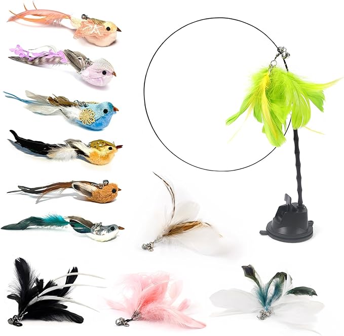12PCS Interactive Cat Feather Wand Toy Set – 11 Bird & Feather Teaser Refills with Bells + Flexible Suction Cup Wand – Realistic Bird Design, Natural Materials, Indoor Cat Toys for Exercise & Play-PawvioPets