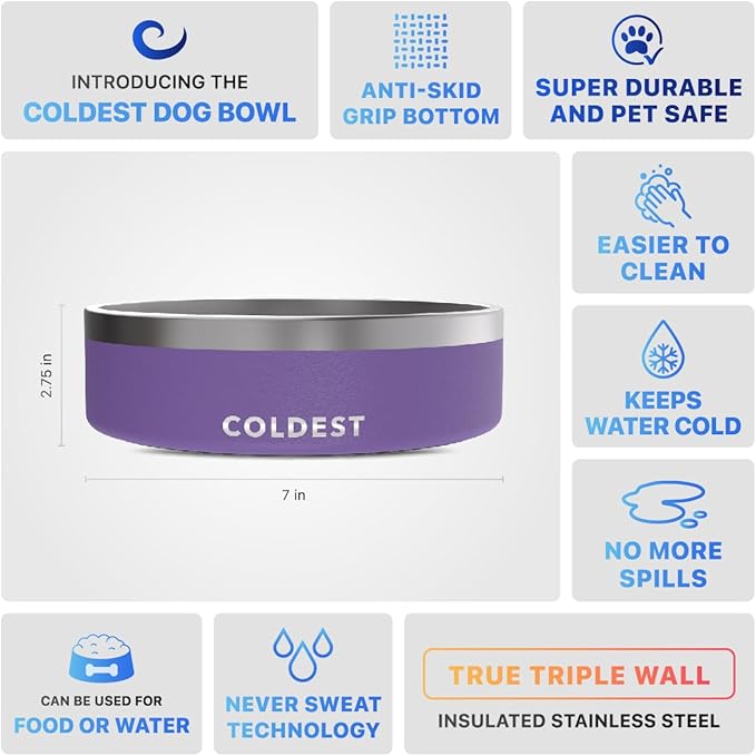 Coldest Dog Bowl - Anti Rust Metal, Non Slip, 3 Layers Insulated Stainless Steel Dog Bowls - Spill Proof & Heavy Duty - Water Bowl for Dogs, Cats & Pets, Dish Washer Safe (42 oz, Galaxy Purple)-PawvioPets