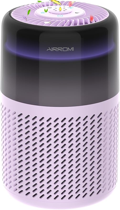 AIRROMI Air Purifier for Bedroom Home,HEPA Filter,Covers Upto 549 Ft²,Quiet 360°intake Air Cleaner with Fragrance ponge for Better Sleep,Night Light,Filters Smoke,Pet Dander,Allergies,Dust,A2005Purple-PawvioPets