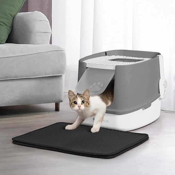 Fully Enclosed Cat Litter Box w/Lid, Scoop, Cat Mat & Odor Fitter, Large Plastic Cat Toilet with Double Door, Anti-Splashing Cat Litter Box with Lockable Front Door, Dark Grey-PawvioPets