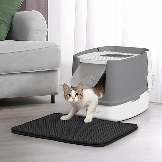 Fully Enclosed Cat Litter Box w/Lid, Scoop, Cat Mat & Odor Fitter, Large Plastic Cat Toilet with Double Door, Anti-Splashing Cat Litter Box with Lockable Front Door, Dark Grey-PawvioPets