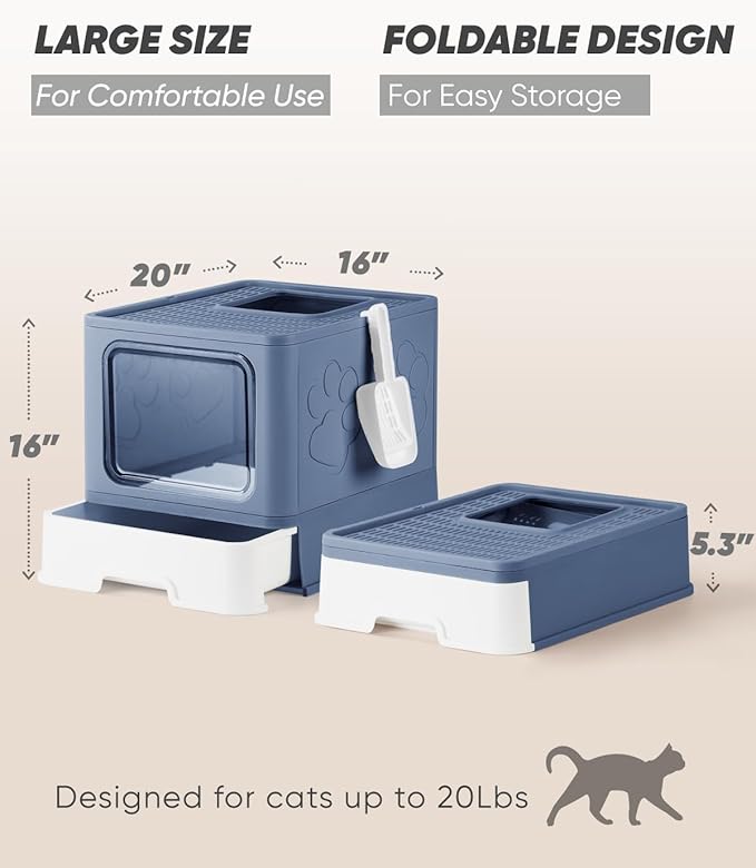 Enclosed Cat Litter Box, Large Litter Box for Big Cats, Covered Kitty Litter Boxes with Lid, Top Entry Cat Box Enclosure with Scoop, Odor Control, Easy to Clean(Blue)-PawvioPets
