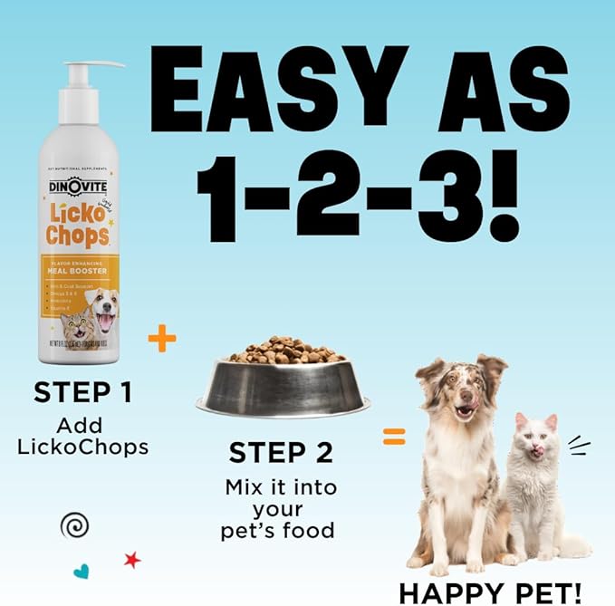 Dinovite Lickochops for Dog & Cat Supplement Enhanced with Omega-6, 3 Fatty Acids, Probiotics and Vitamin E, 16 oz with Pump-PawvioPets