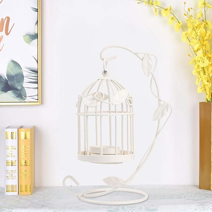 Birdcage Candle Holder, Hanging Candle Holder Decorative Bird Cages Bird Cage Decor Vintage Metal Candlestick for Wedding, Party(White)-PawvioPets