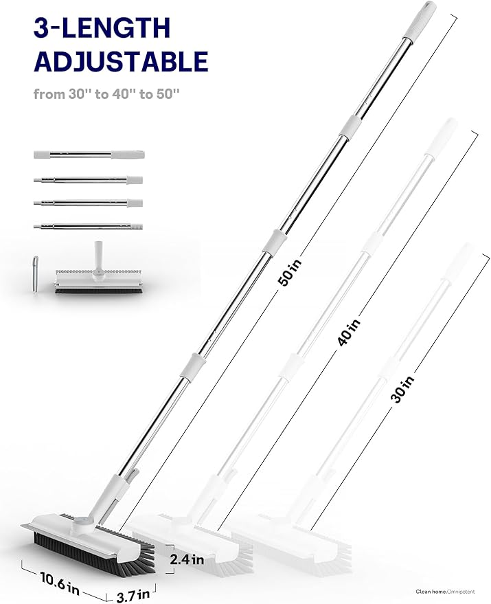 Floor Scrub Brush with Long Handle, 3 in 1 Scrape and Heavy-Duty Stiff Bristle Floor Scrubber Brush with Squeegee and Tweezer for Cleaning Tile Wall Deck Bathroom Patio Garage Kitchen (White)-PawvioPets