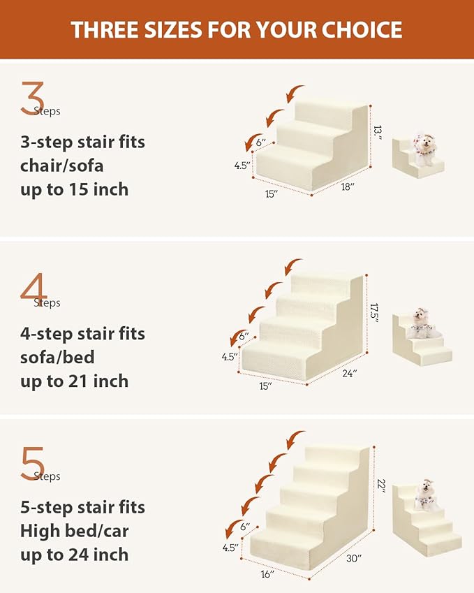 Dog Stairs for Small Dogs,22" H,5-Step Dog Steps for High Bed Couch and Sofa,Pet Stairs for Dogs and Cats Climbing with Non-Slip Bottom and Washable Cover,Beige-PawvioPets