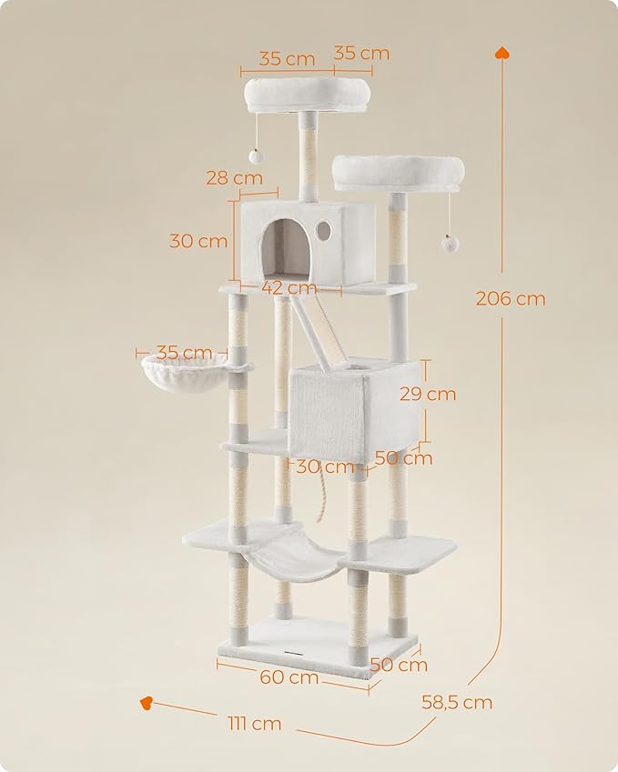 Feandrea Cat Tree, 81.1-Inch Large Cat Tower with 13 Scratching Posts, 2 Perches, 2 Caves, Basket, Hammock, Pompoms, Multi-Level Plush Cat Condo for Indoor Cats, Cream White UPCT190T01-PawvioPets