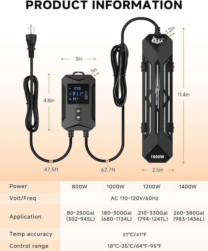 AQQA Aquarium Heater,64-95°F Fast Heating Double Quartz Glass Tube Fish Tank Heater,High-definition LCD Controller Displays Real-time Power,Anti-dry and Over-temperature Protection (1200W 210-330 Gal)-PawvioPets