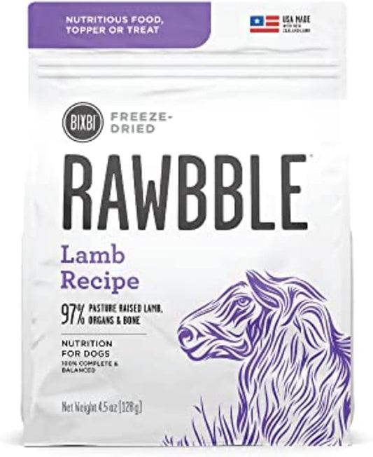 BIXBI Rawbble Freeze Dried Dog Food, Lamb Recipe, 4.5 oz - 97% Meat and Organs, No Fillers - Pantry-Friendly Raw Dog Food for Meal, Treat or Food Topper - USA Made in Small Batches-PawvioPets