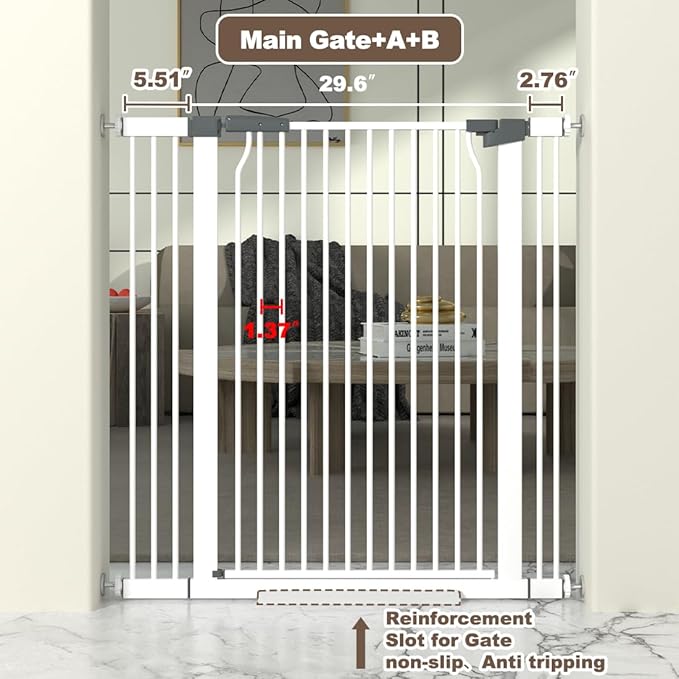 41" Extra Tall Baby Gate for Doorway, 32.6-40.5'' Metal Pet Baby Safe Gate, Extra Wide Pressure Mounted Child Door with Expansion Kit, No Drilling Cat Fence Indoor, No Climb Cat Proof Gate, White-PawvioPets