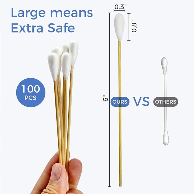 GOLD HONEY 6 Inch Large Cotton Swabs, 100PCS Dog Ear Swabs with Bamboo Handle for Dogs, Pet-Specific, Gentle Design, Lint-Free, Canine Cotton Stick Ear Cleaning-PawvioPets