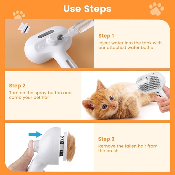 3 in 1 Cat Steam Brush, Pet Steam Brush for Cat Dog Long Short Haired, Pet Spray Hair Removal Comb for Small Animals Shedding & Grooming, Water Mist Spray Brushes with Release Button(White)-PawvioPets