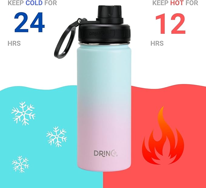 DRINCO Stainless Steel Water Bottle Spout Lid Vacuum Insulated Double Wall Water Bottle Wide Mouth (40oz 32oz 22oz 18oz 14oz) Leak Proof Keeps Cold or Hot (18 oz, 18oz Macaron)-PawvioPets