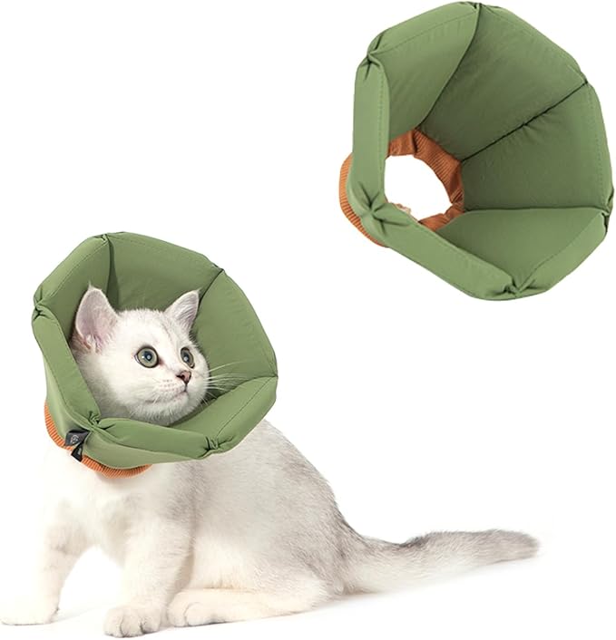 Cat Cone Collar - Soft Waterproof Elizabethan for Cats, Cute Green Flower Anti-Lick Recovery Collar, Adjustable Healing Collar for Wound Care & Surgery，S-PawvioPets